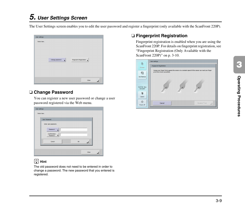 User settings screen, Change password, Fingerprint registration | User settings screen -9, Change password -9 fingerprint registration -9, See p. 3-9.), Ont 220p). (see “user settings screen” on p. 3-9.) | Canon SCANFRONT M11058 User Manual | Page 39 / 88