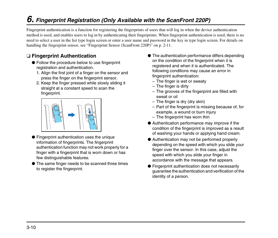 Fingerprint authentication, Fingerprint registration (only available, With the scanfront 220p) -10 | Fingerprint authentication -10, See p. 3-10.) | Canon SCANFRONT M11058 User Manual | Page 40 / 88
