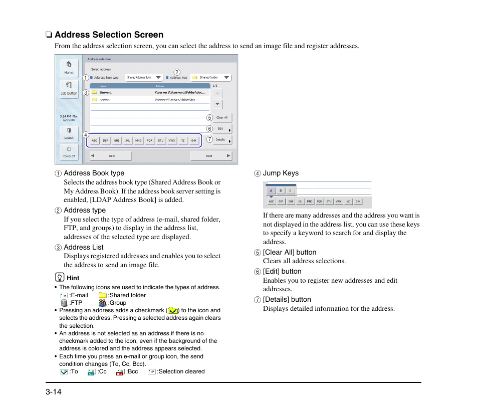 Address selection screen, Address selection screen -14, See p. 3-14.) | Canon SCANFRONT M11058 User Manual | Page 44 / 88