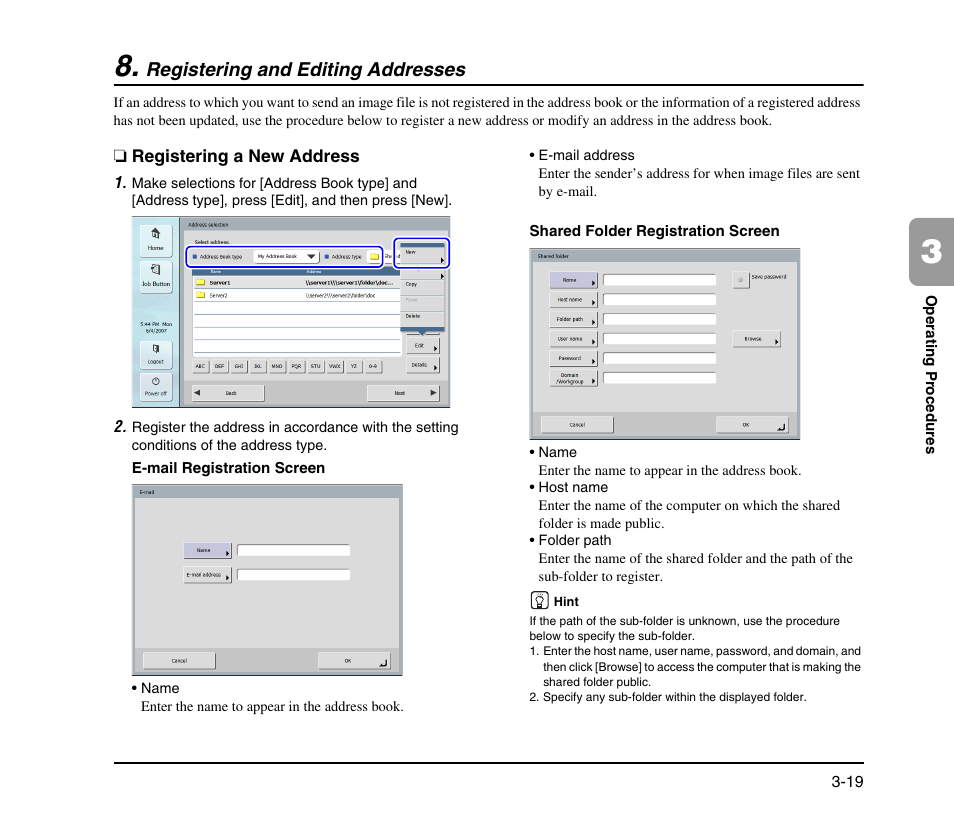 Registering and editing addresses, Registering a new address, Registering and editing addresses -19 | Registering a new address -19 | Canon SCANFRONT M11058 User Manual | Page 49 / 88