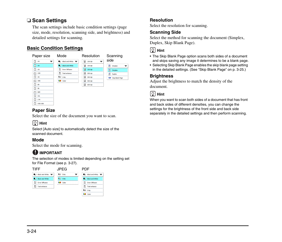 Scan settings, Scan settings -24 | Canon SCANFRONT M11058 User Manual | Page 54 / 88