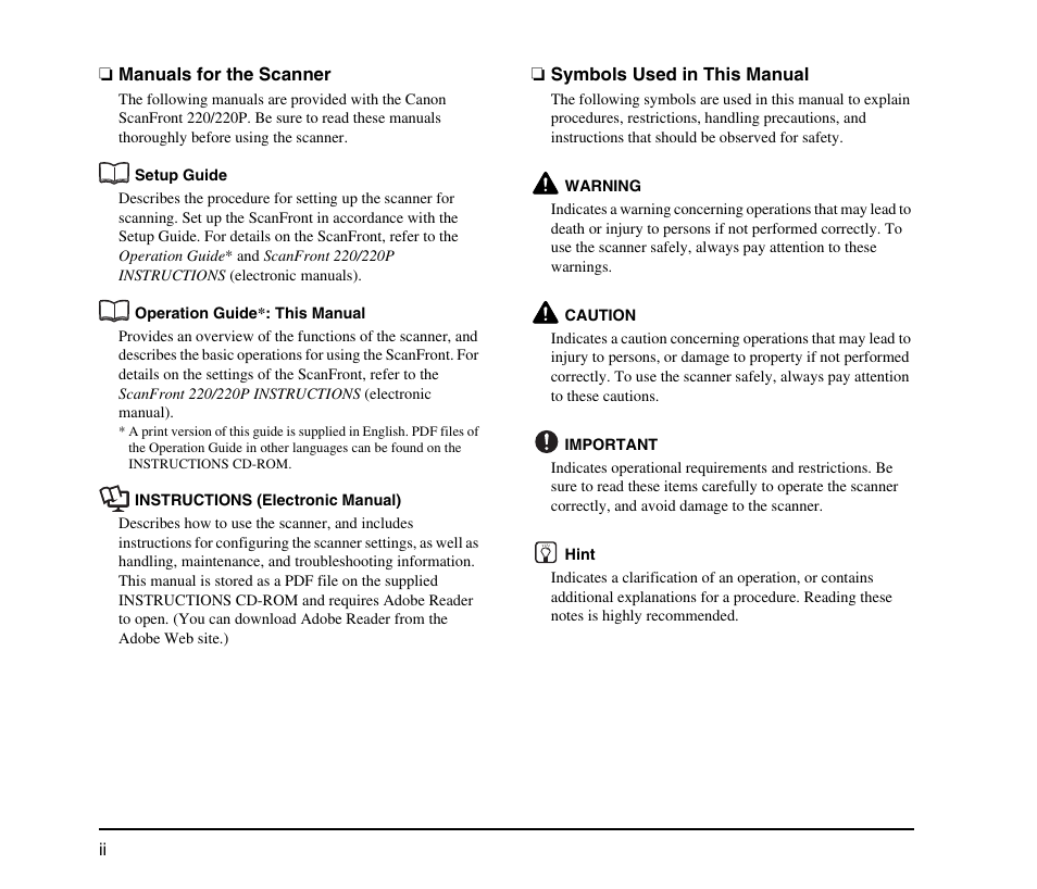 Manuals for the scanner, Symbols used in this manual | Canon SCANFRONT M11058 User Manual | Page 6 / 88