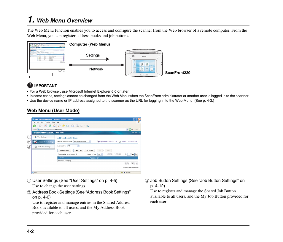 Web menu overview, Web menu overview -2 | Canon SCANFRONT M11058 User Manual | Page 62 / 88