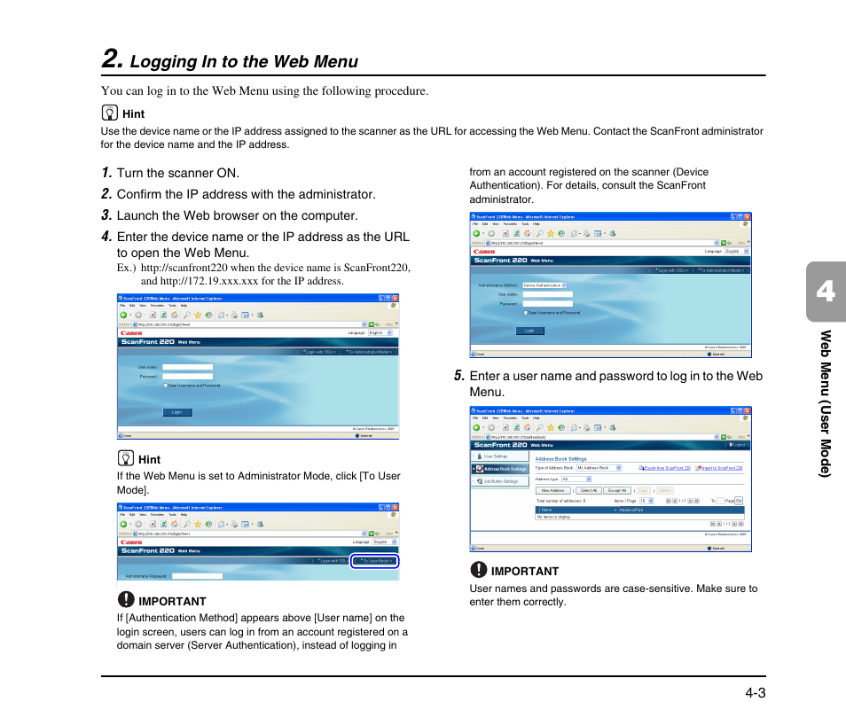 Logging in to the web menu, Logging in to the web menu -3, See p. 4-3.) | Canon SCANFRONT M11058 User Manual | Page 63 / 88