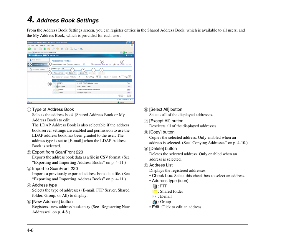 Address book settings, Address book settings -6, See “address book settings | On p. 4-6) | Canon SCANFRONT M11058 User Manual | Page 66 / 88