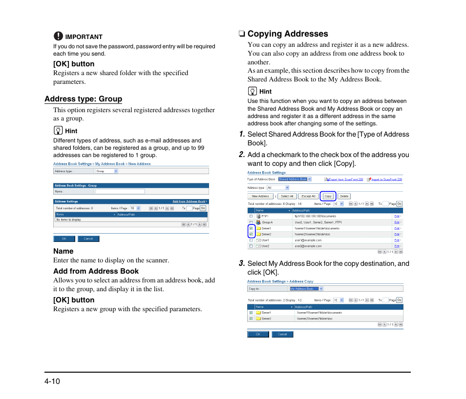 Copying addresses, Copying addresses -10, See “copying addresses” on p. 4-10.) | Canon SCANFRONT M11058 User Manual | Page 70 / 88
