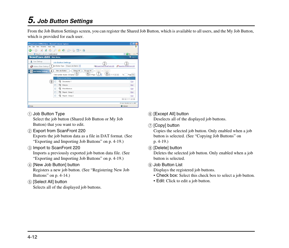 Job button settings, Job button settings -12, Gs (see “job button settings” on | P. 4-12) | Canon SCANFRONT M11058 User Manual | Page 72 / 88