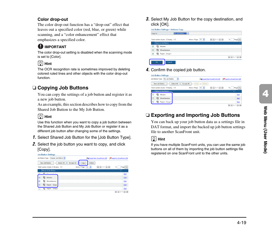 Copying job buttons, Exporting and importing job buttons, See “copying job buttons” on p. 4-19.) | Canon SCANFRONT M11058 User Manual | Page 79 / 88