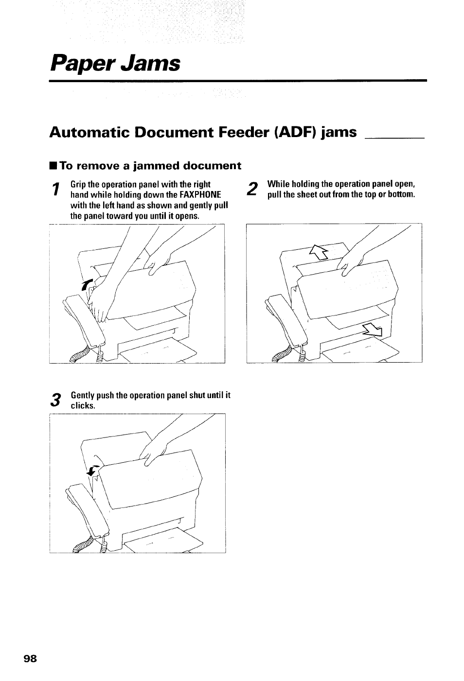 Paper jams, Automatic document feeder (adf) jams, To remove a jammed document | Canon B550 User Manual | Page 110 / 136