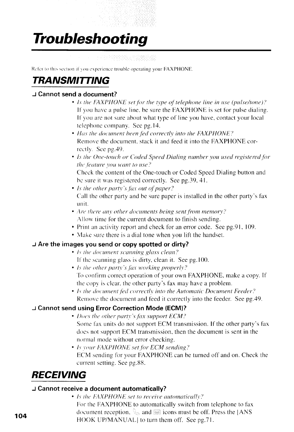 Troubleshooting, J cannot send a document, Transmitting | Receiving | Canon B550 User Manual | Page 116 / 136