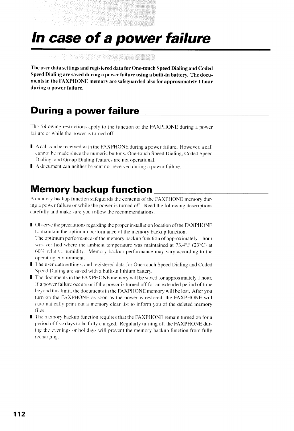 In case of a power failure, During a power failure, Memory backup function | During a power failure memory backup function | Canon B550 User Manual | Page 124 / 136