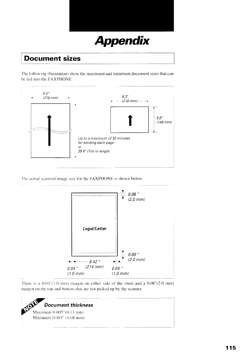 Appendix, Document sizes | Canon B550 User Manual | Page 127 / 136