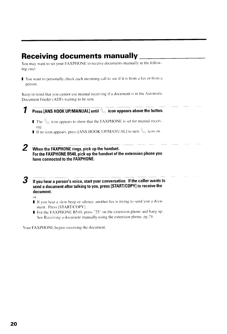 Receiving documents manually, When the faxphone rings, pick up the handset | Canon B550 User Manual | Page 32 / 136
