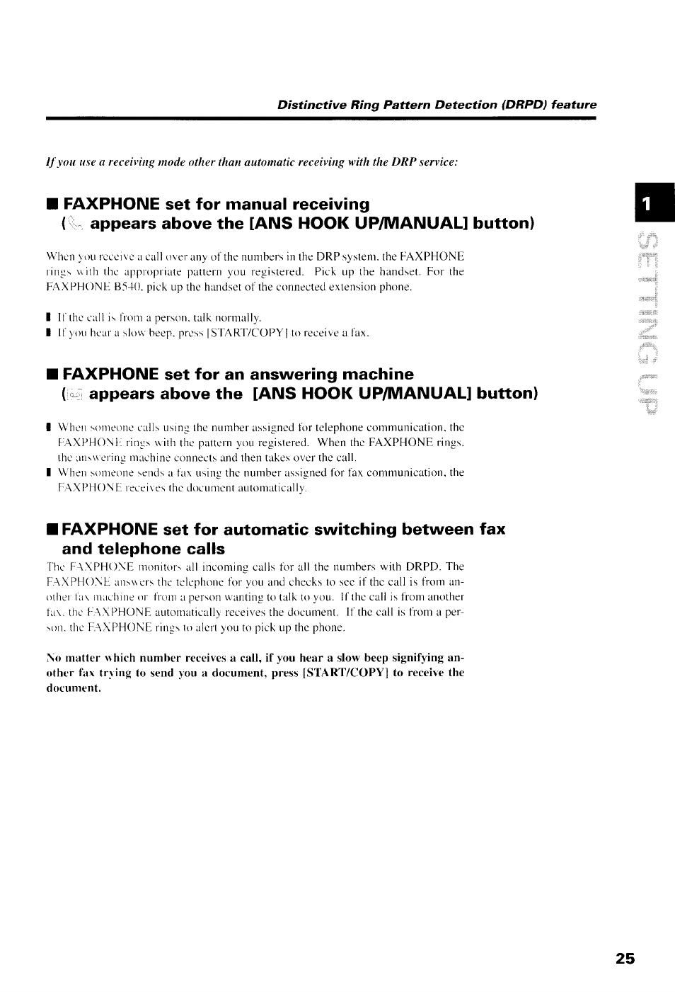 Faxphone set for manual receiving, Appears above the [ans hook up/manual] button), Faxphone set for an answering machine | Canon B550 User Manual | Page 37 / 136