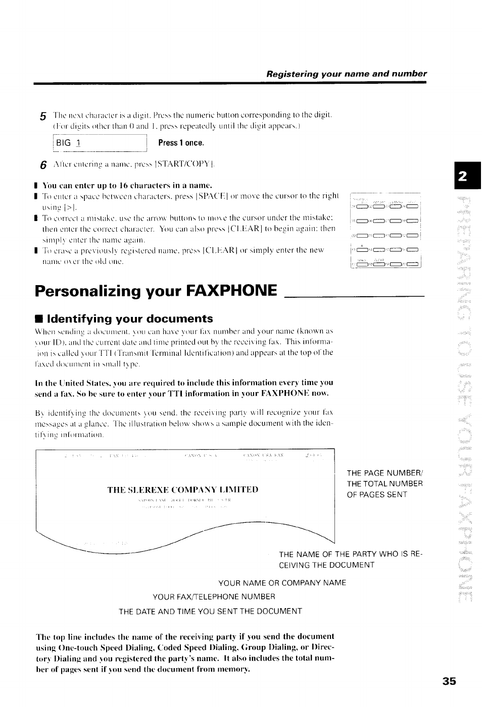 Press 1 once, Personalizing your faxphone, Identifying your documents | Personalizing your faxphdne | Canon B550 User Manual | Page 47 / 136