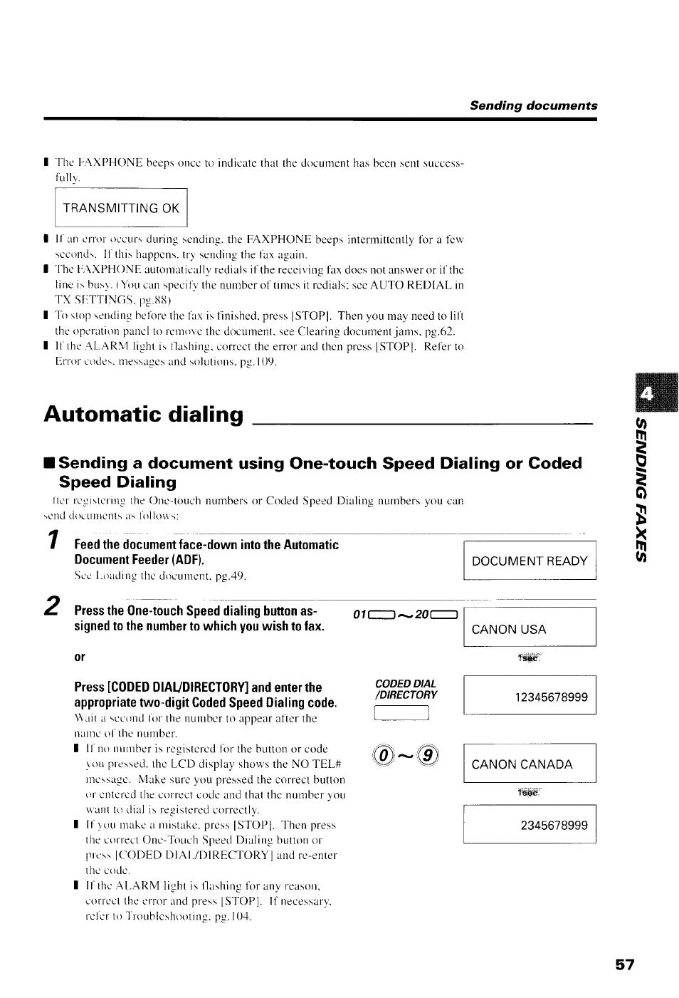 Transmitting ok, Automatic dialing, Canon usa | Canon canada | Canon B550 User Manual | Page 69 / 136