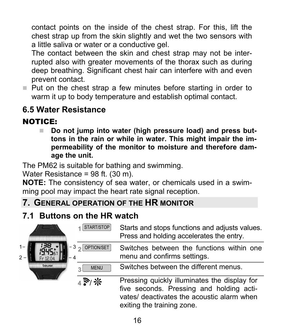 5 water resistance, 1 buttons on the hr watch | Beurer PM 62 User Manual | Page 17 / 112
