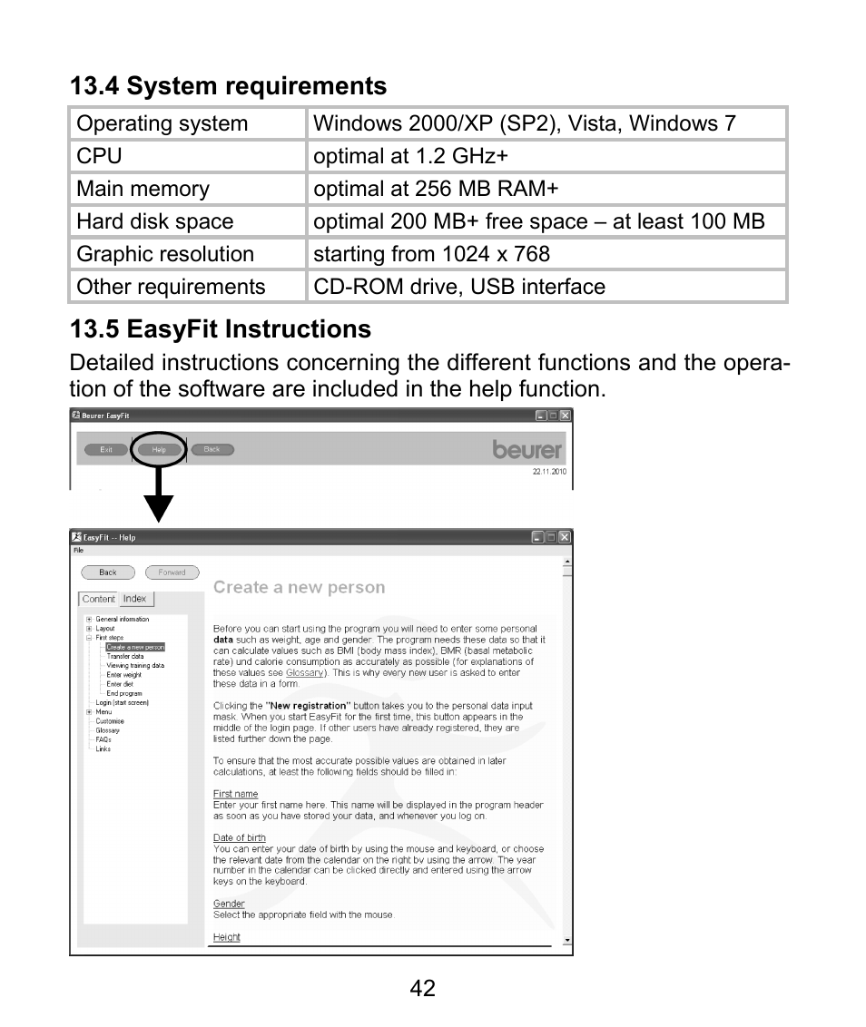 4 system requirements, 5 easyfit instructions | Beurer PM 62 User Manual | Page 43 / 112