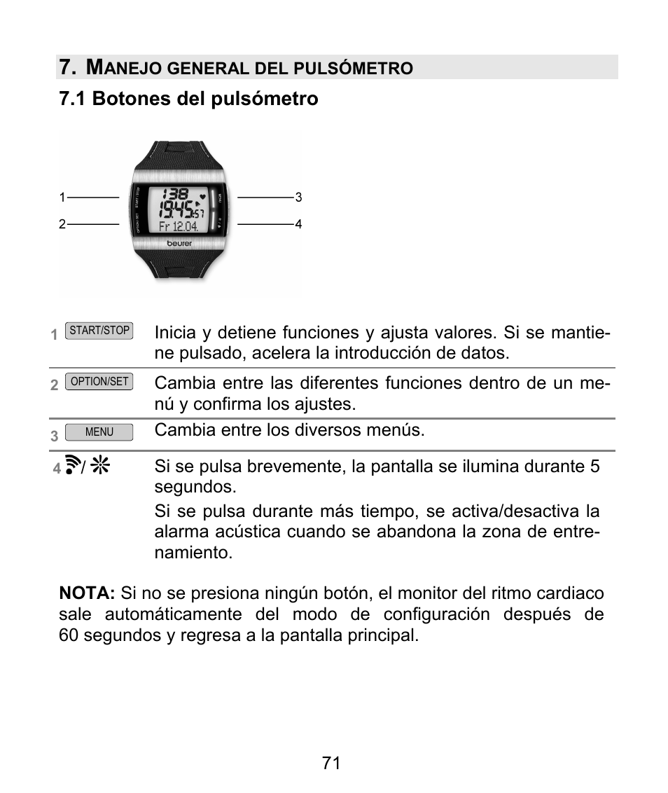 1 botones del pulsómetro | Beurer PM 62 User Manual | Page 72 / 112