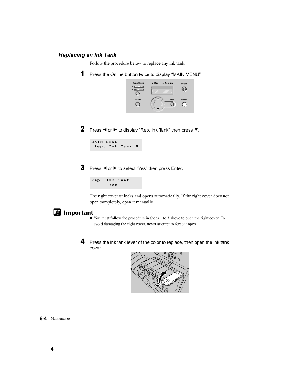 Replacing an ink tank, Replacing an ink tank -4, 4 important replacing an ink tank | Canon W7250 User Manual | Page 102 / 187