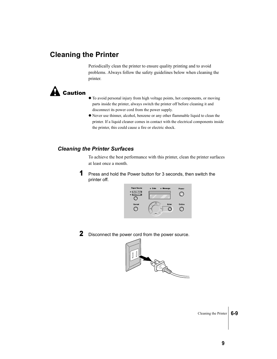 Cleaning the printer, Cleaning the printer surfaces, Cleaning the printer -9 | Cleaning the printer surfaces -9, 9 caution | Canon W7250 User Manual | Page 107 / 187