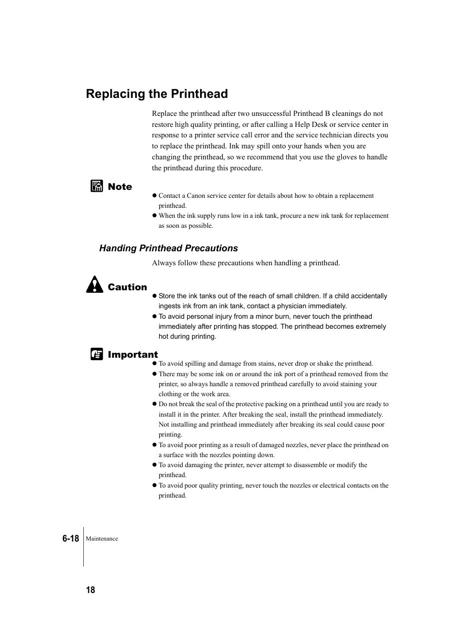 Replacing the printhead, Handing printhead precautions, Replacing the printhead -18 | Handing printhead precautions -18, P.6-18 | Canon W7250 User Manual | Page 116 / 187