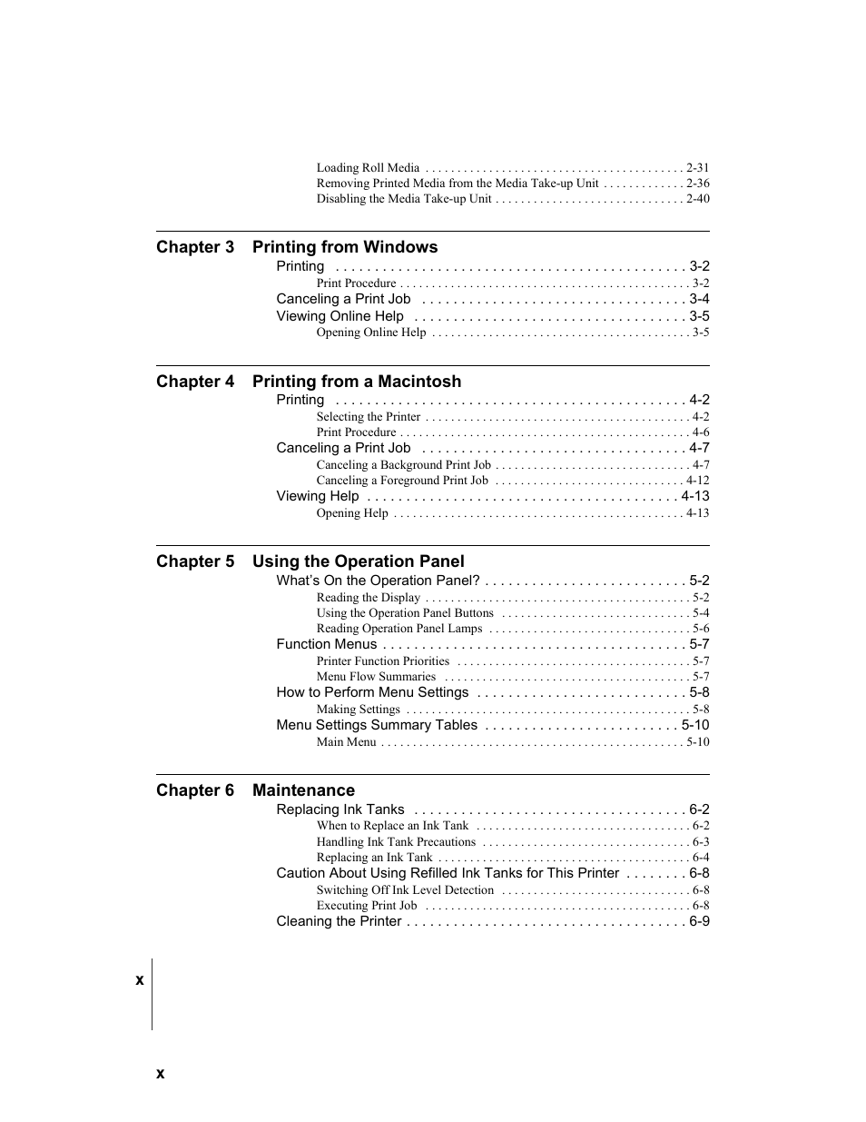 Chapter 3 printing from windows, Chapter 4 printing from a macintosh, Chapter 5 using the operation panel | Chapter 6 maintenance | Canon W7250 User Manual | Page 12 / 187