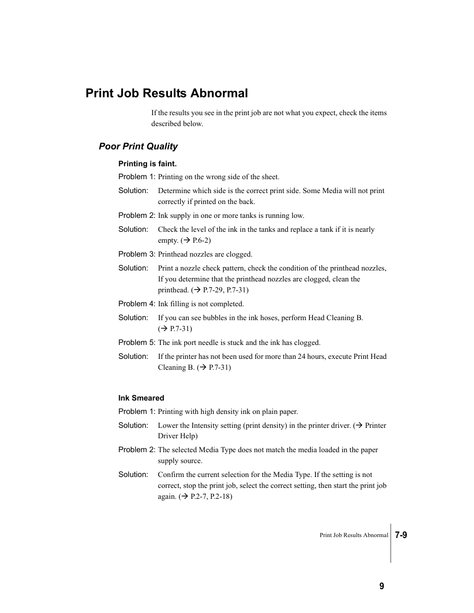 Print job results abnormal, Poor print quality, Print job results abnormal -9 | Poor print quality -9, P.7-9 | Canon W7250 User Manual | Page 133 / 187