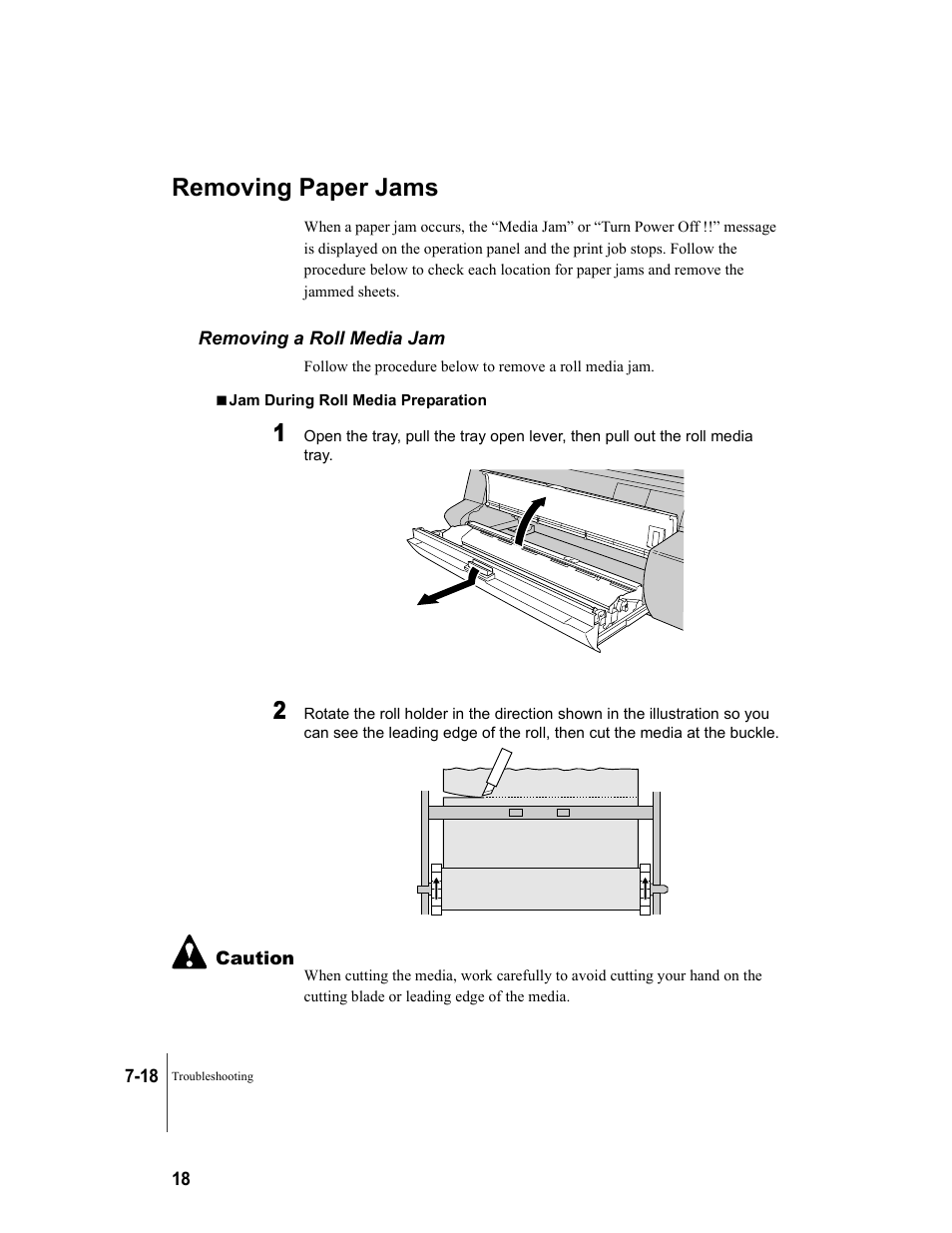 Removing paper jams, Removing a roll media jam, Removing paper jams -18 | Removing a roll media jam -18, P.7-18, P.7-18) | Canon W7250 User Manual | Page 142 / 187