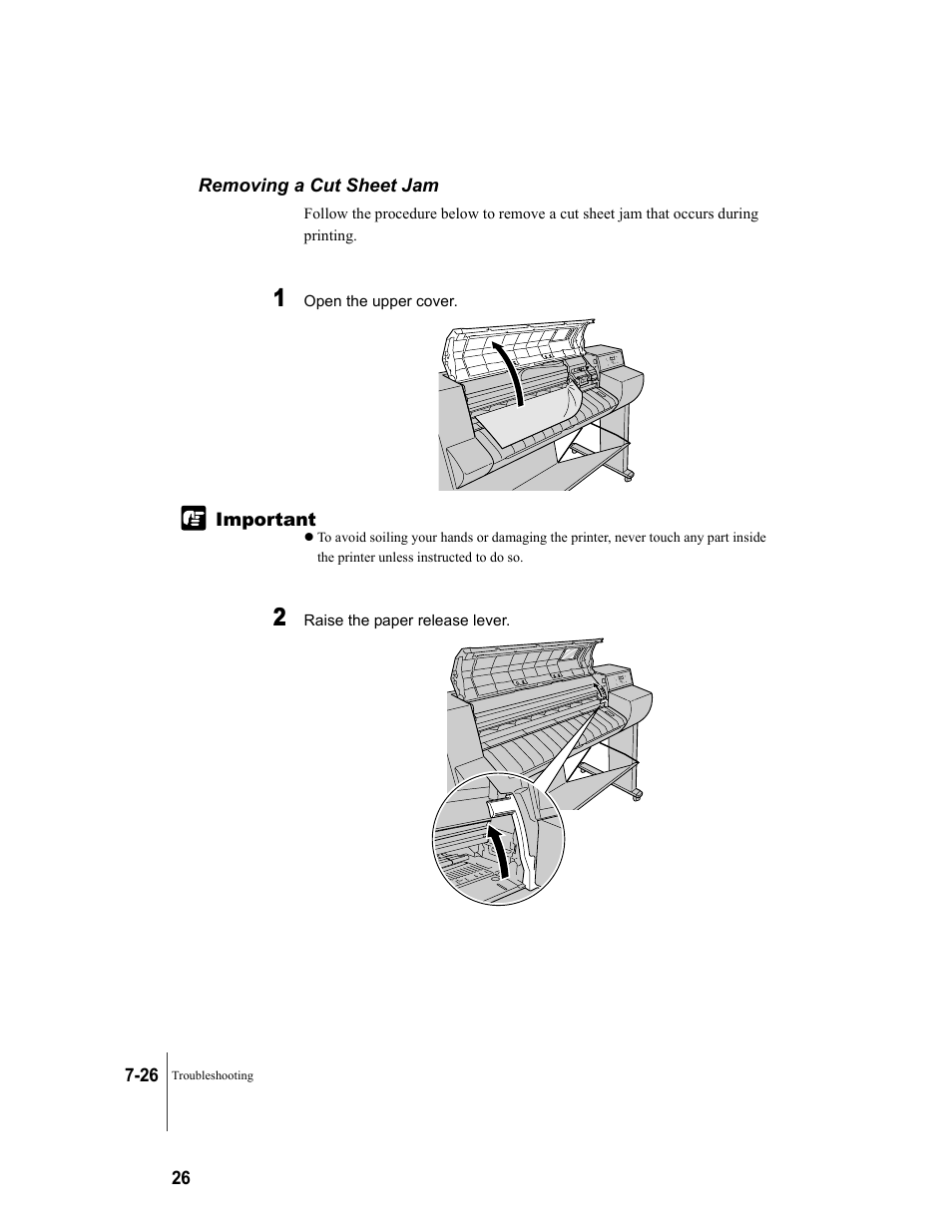 Removing a cut sheet jam, Removing a cut sheet jam -26, P.7-26) | Canon W7250 User Manual | Page 150 / 187