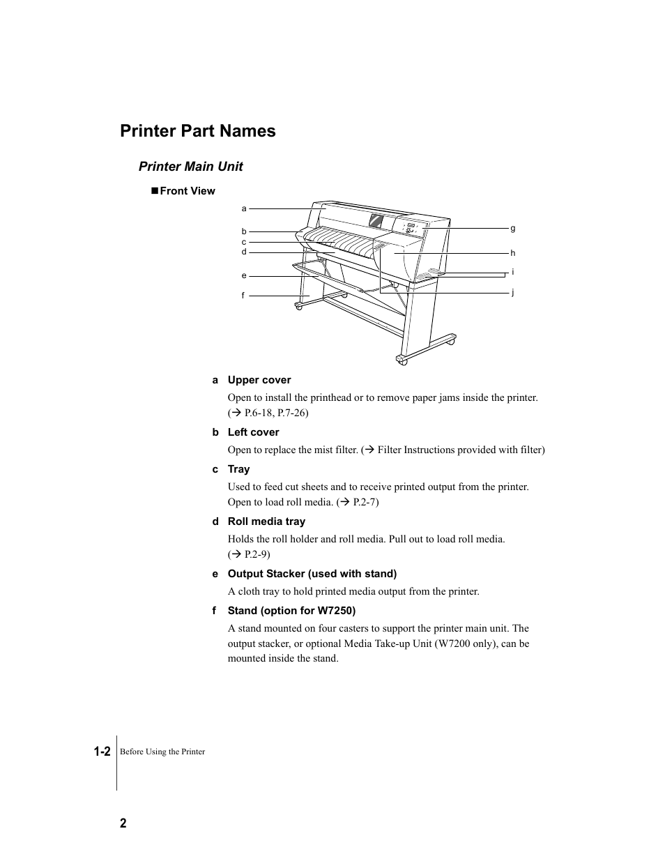 Printer part names, Printer main unit, Printer part names -2 | Printer main unit -2 | Canon W7250 User Manual | Page 16 / 187