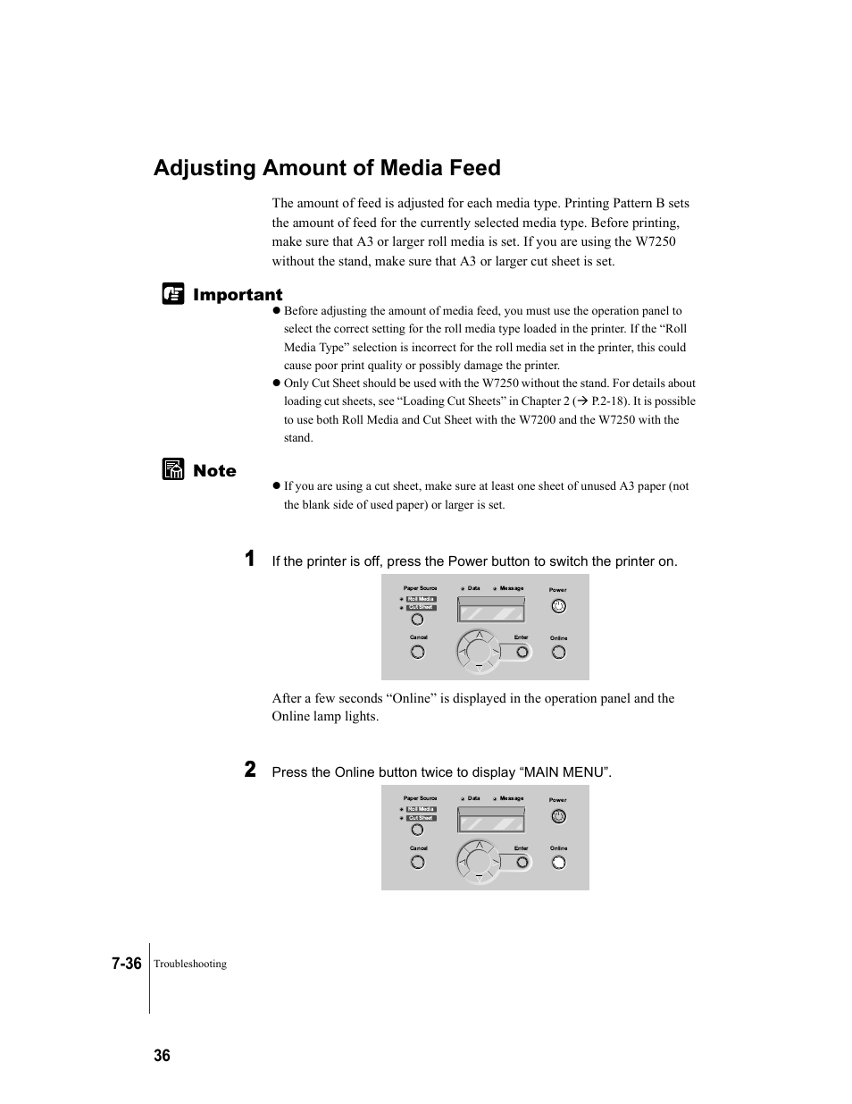 Adjusting amount of media feed, Adjusting amount of media feed -36, P.7-36) | P.7-36 | Canon W7250 User Manual | Page 160 / 187