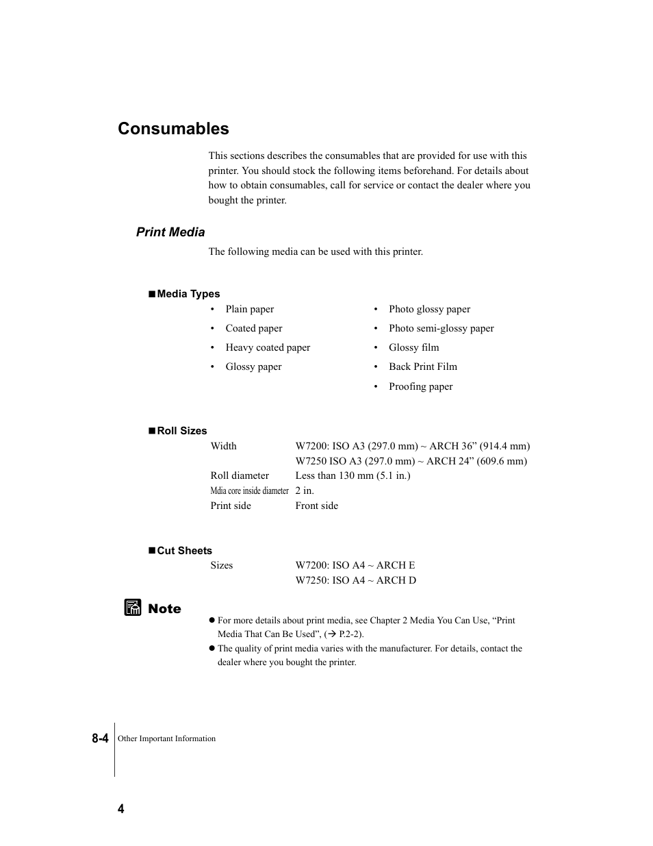 Consumables, Print media, Consumables -4 | Print media -4 | Canon W7250 User Manual | Page 172 / 187