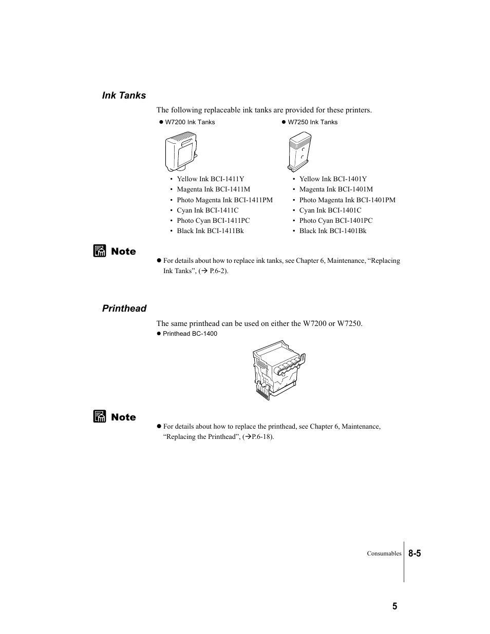 Ink tanks, Printhead, Ink tanks -5 printhead -5 | Canon W7250 User Manual | Page 173 / 187