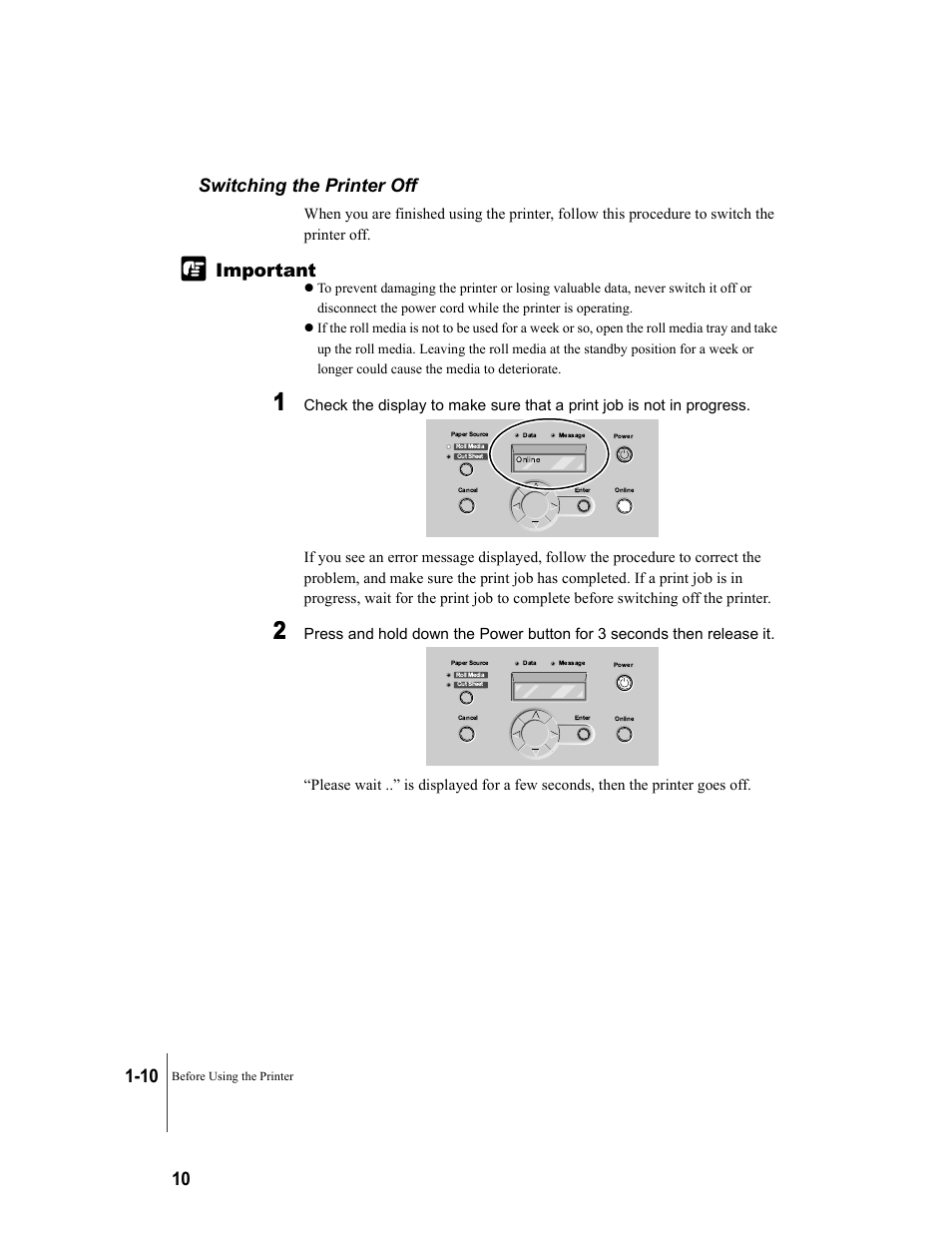 Switching the printer off, Switching the printer off -10 | Canon W7250 User Manual | Page 24 / 187