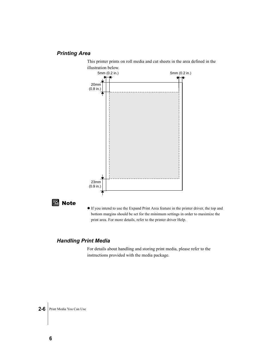 Printing area, Handling print media, Printing area -6 handling print media -6 | Canon W7250 User Manual | Page 32 / 187