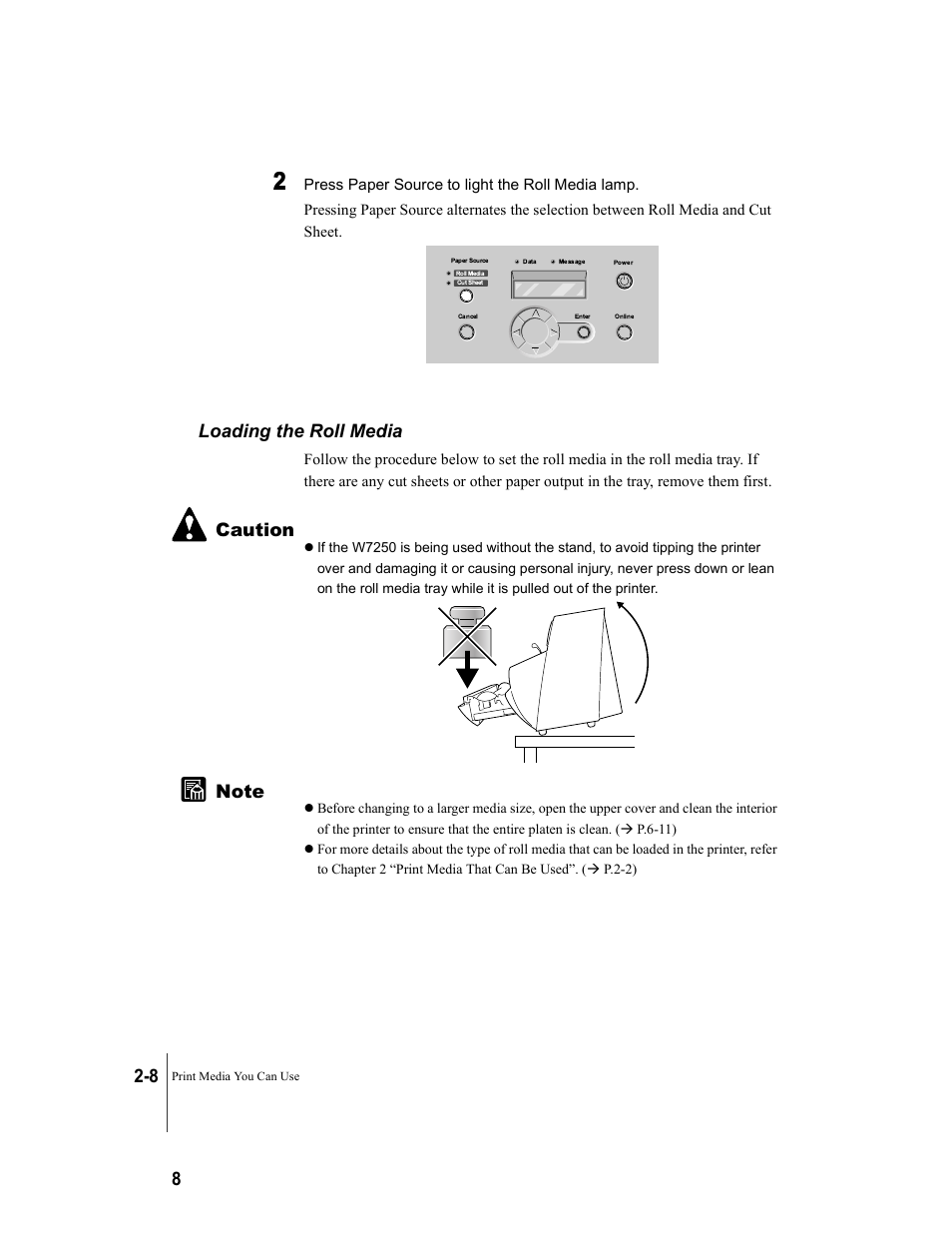 Loading the roll media, Loading the roll media -8, P.2-8) | Canon W7250 User Manual | Page 34 / 187