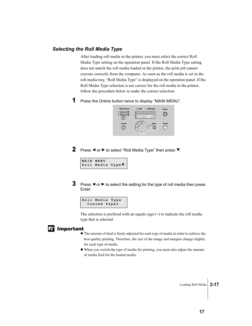 Selecting the roll media type, Selecting the roll media type -17 | Canon W7250 User Manual | Page 43 / 187