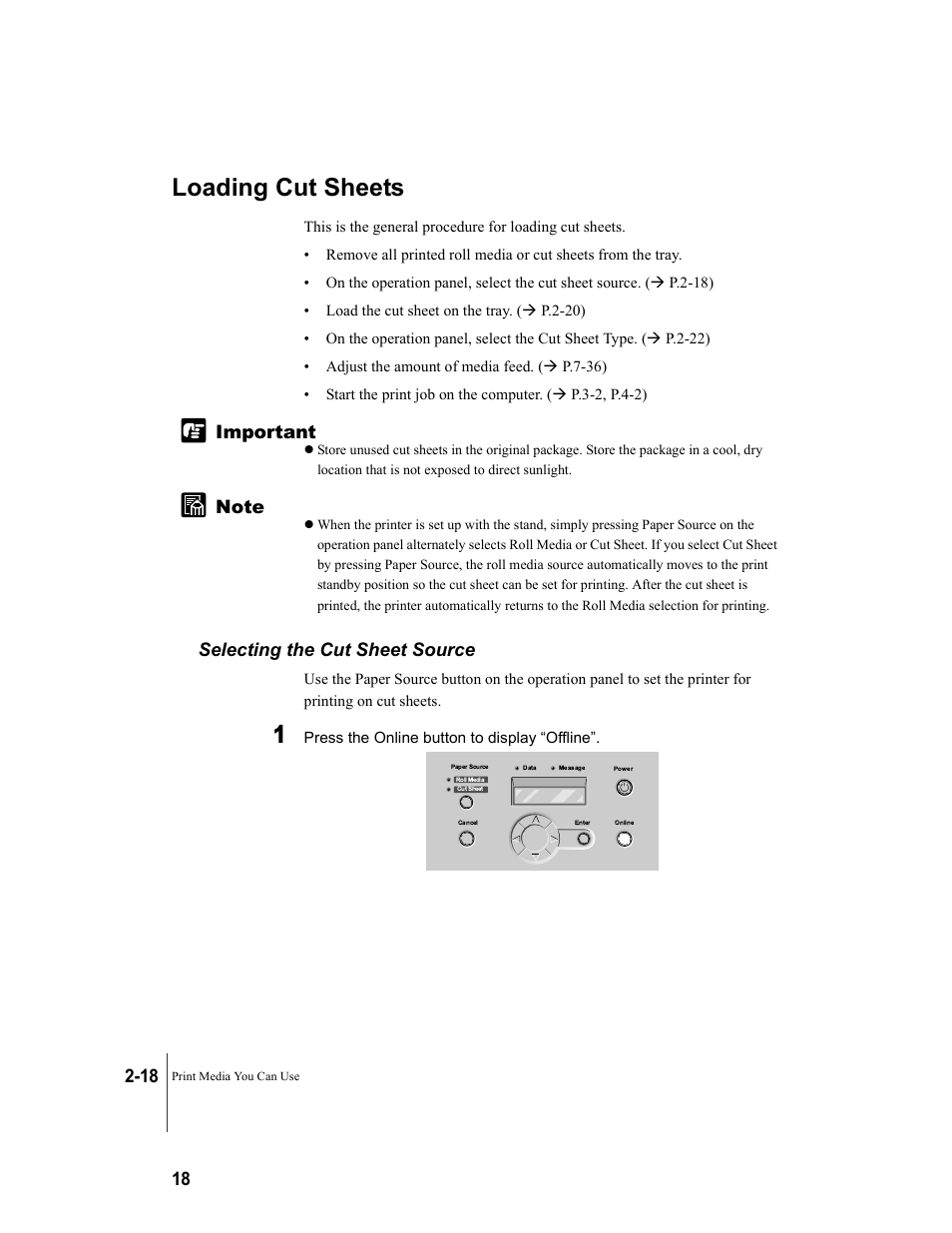 Loading cut sheets, Selecting the cut sheet source, Loading cut sheets -18 | Selecting the cut sheet source -18 | Canon W7250 User Manual | Page 44 / 187
