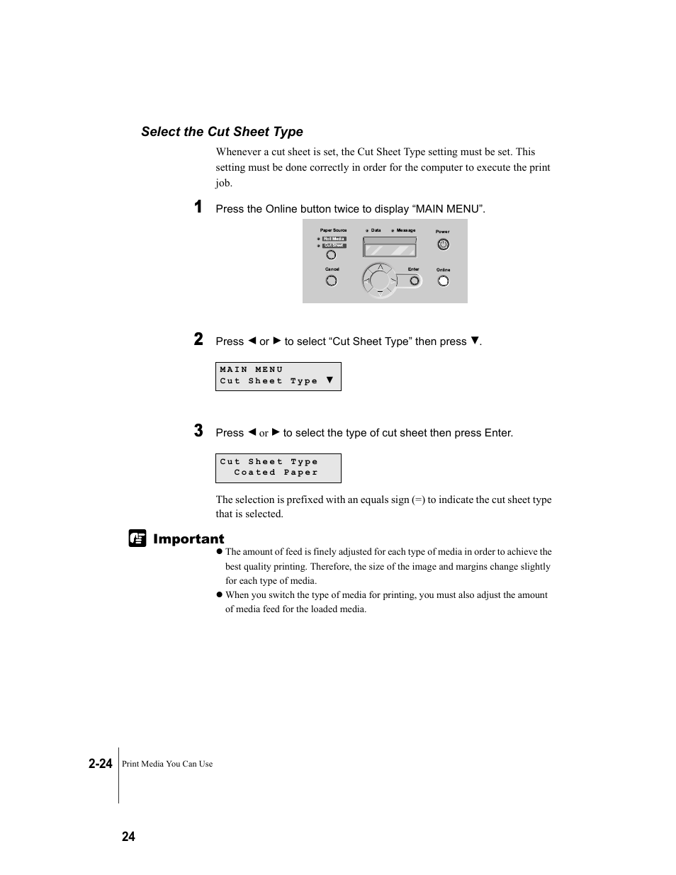 Select the cut sheet type, Select the cut sheet type -24 | Canon W7250 User Manual | Page 50 / 187