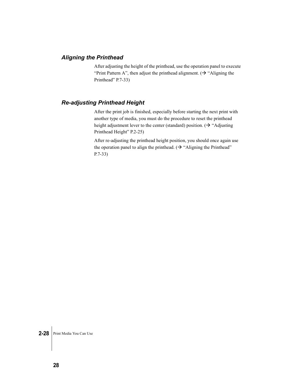 Aligning the printhead, Re-adjusting printhead height, P.2-28 | Canon W7250 User Manual | Page 54 / 187
