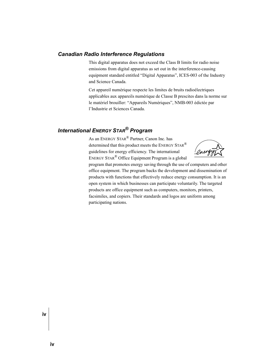 Canadian radio interference regulations, International energy star(r) program | Canon W7250 User Manual | Page 6 / 187