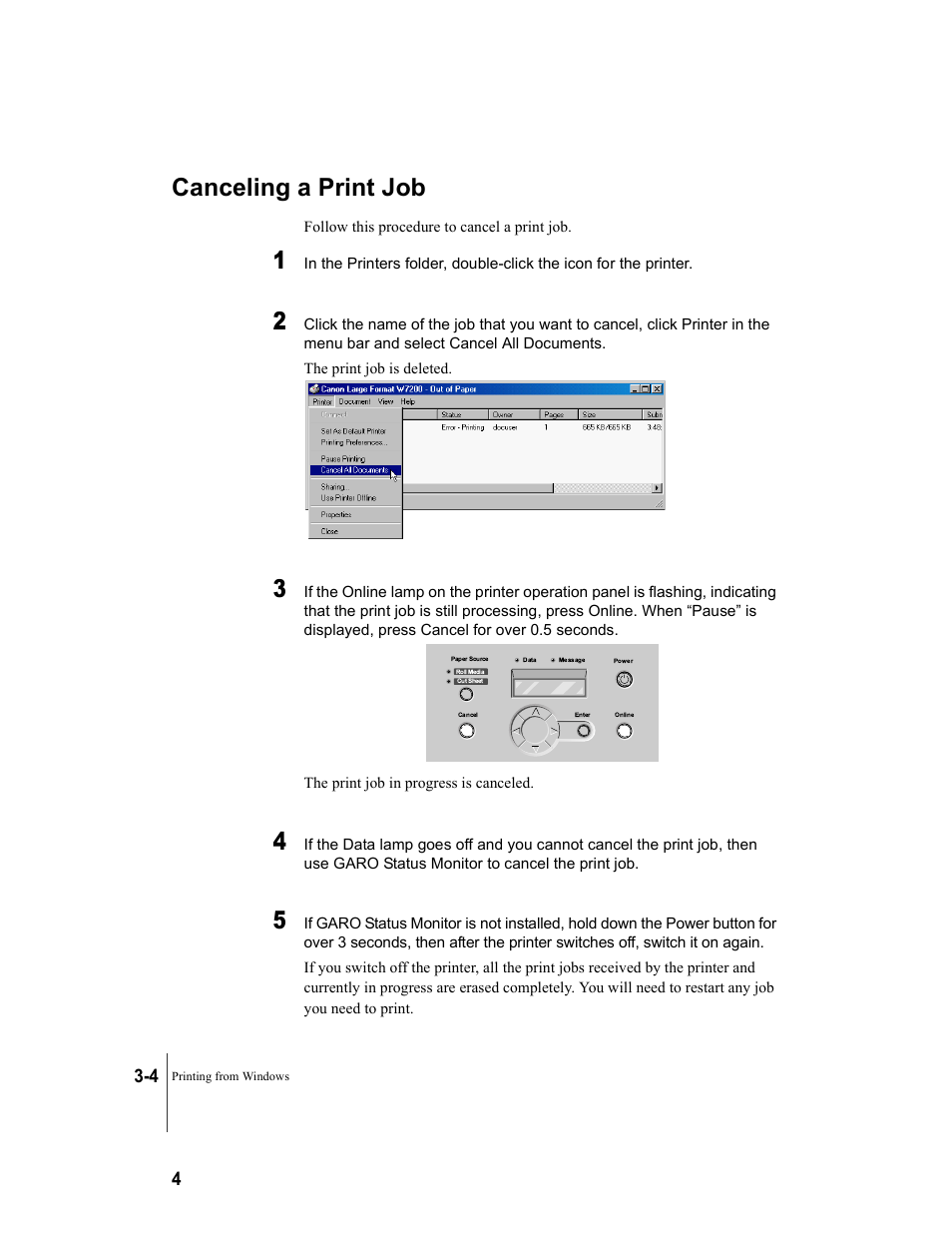 Canceling a print job, Canceling a print job -4 | Canon W7250 User Manual | Page 70 / 187