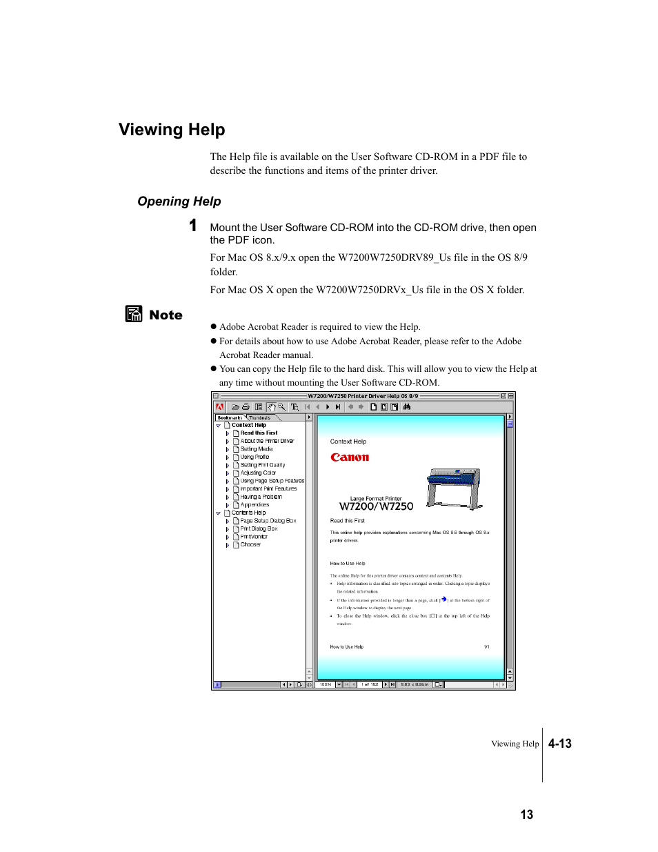 Viewing help, Opening help, Viewing help -13 | Opening help -13 | Canon W7250 User Manual | Page 85 / 187