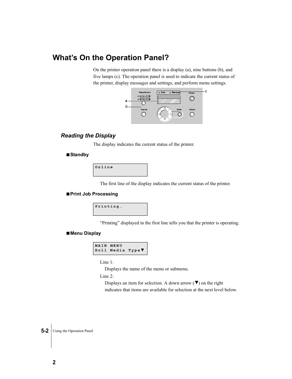 What’s on the operation panel, Reading the display, What’s on the operation panel? -2 | Reading the display -2 | Canon W7250 User Manual | Page 88 / 187