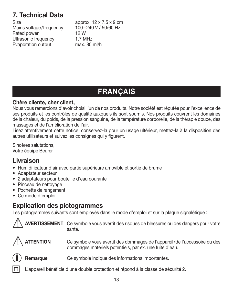 Français, Technical data, Livraison | Explication des pictogrammes | Beurer LB 12 User Manual | Page 13 / 48