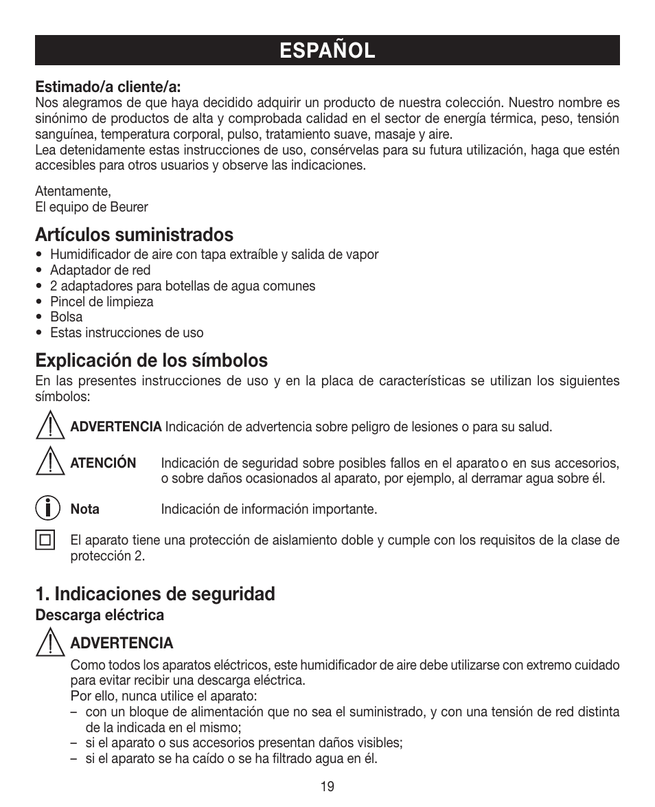 Español, Artículos suministrados, Explicación de los símbolos | Indicaciones de seguridad | Beurer LB 12 User Manual | Page 19 / 48