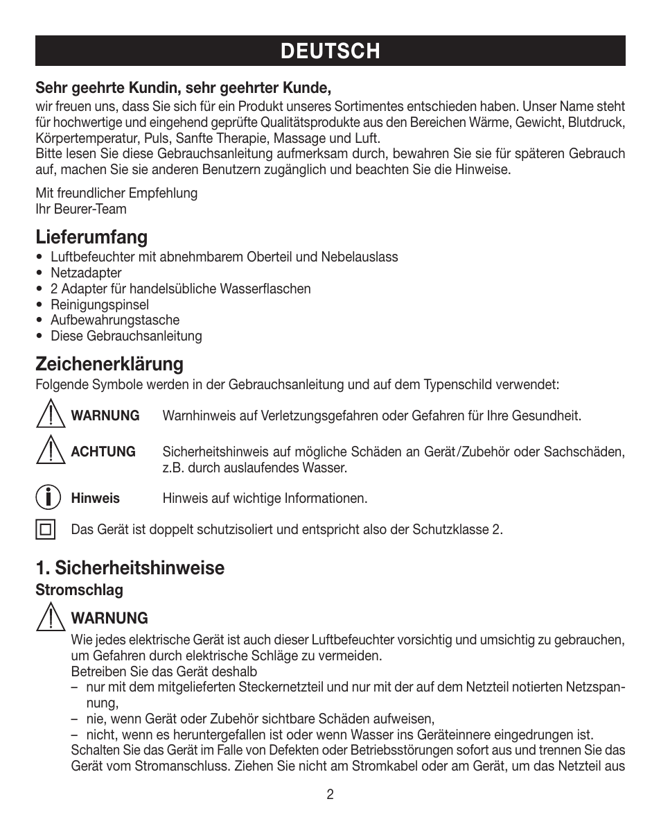 Deutsch, Lieferumfang, Zeichenerklärung | Sicherheitshinweise | Beurer LB 12 User Manual | Page 2 / 48