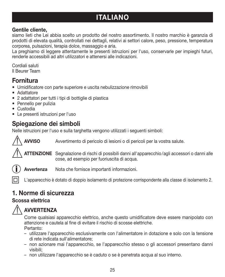 Italiano, Fornitura, Spiegazione dei simboli | Norme di sicurezza | Beurer LB 12 User Manual | Page 25 / 48