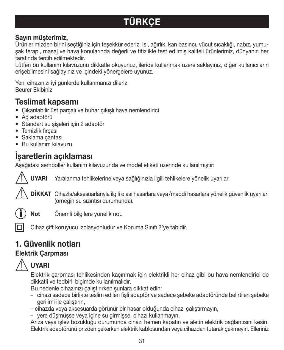 Türkçe, Teslimat kapsamı, Işaretlerin açıklaması | Güvenlik notları | Beurer LB 12 User Manual | Page 31 / 48